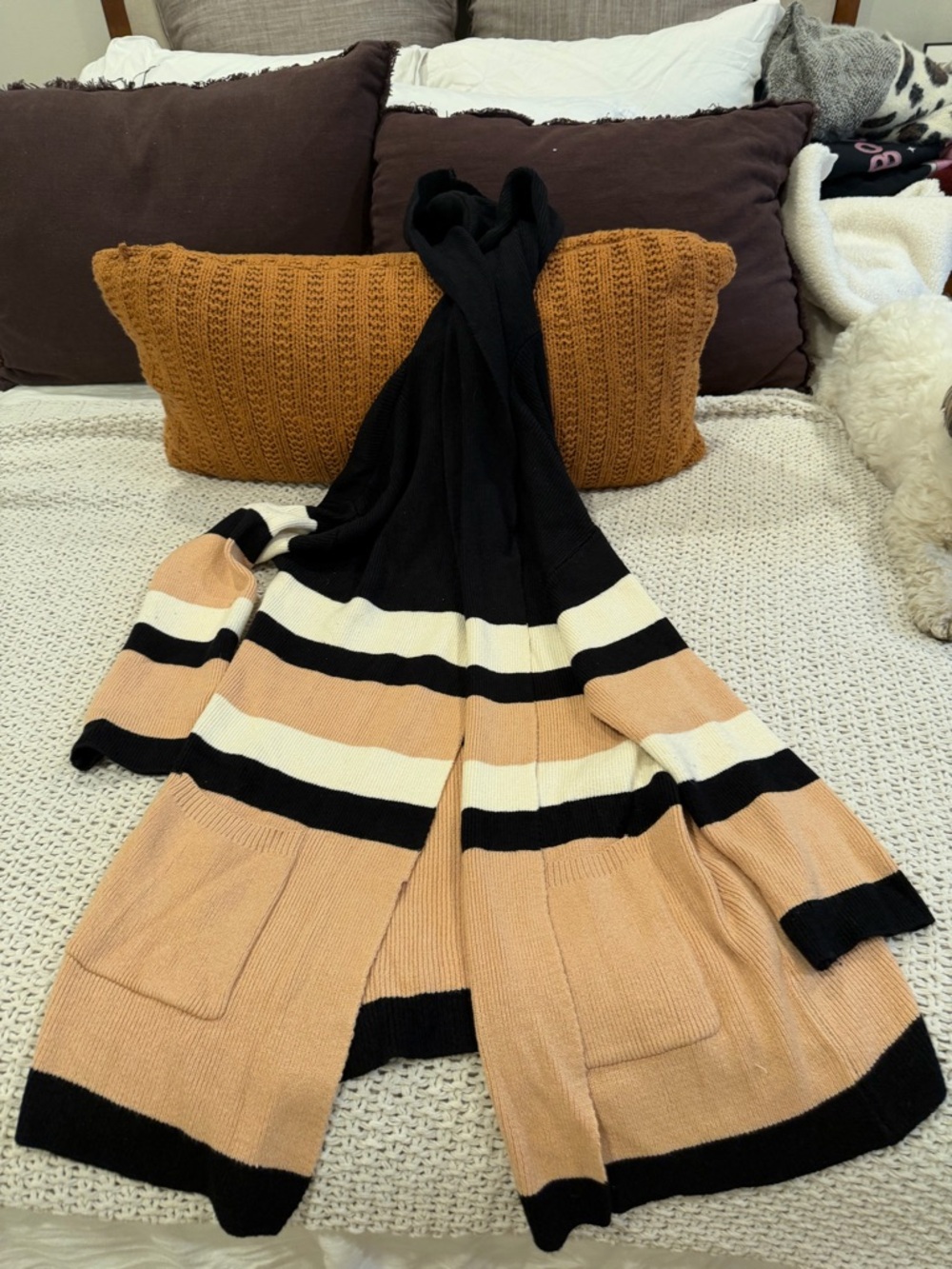 Striped Open Cardigan in Black, Cream & Peach